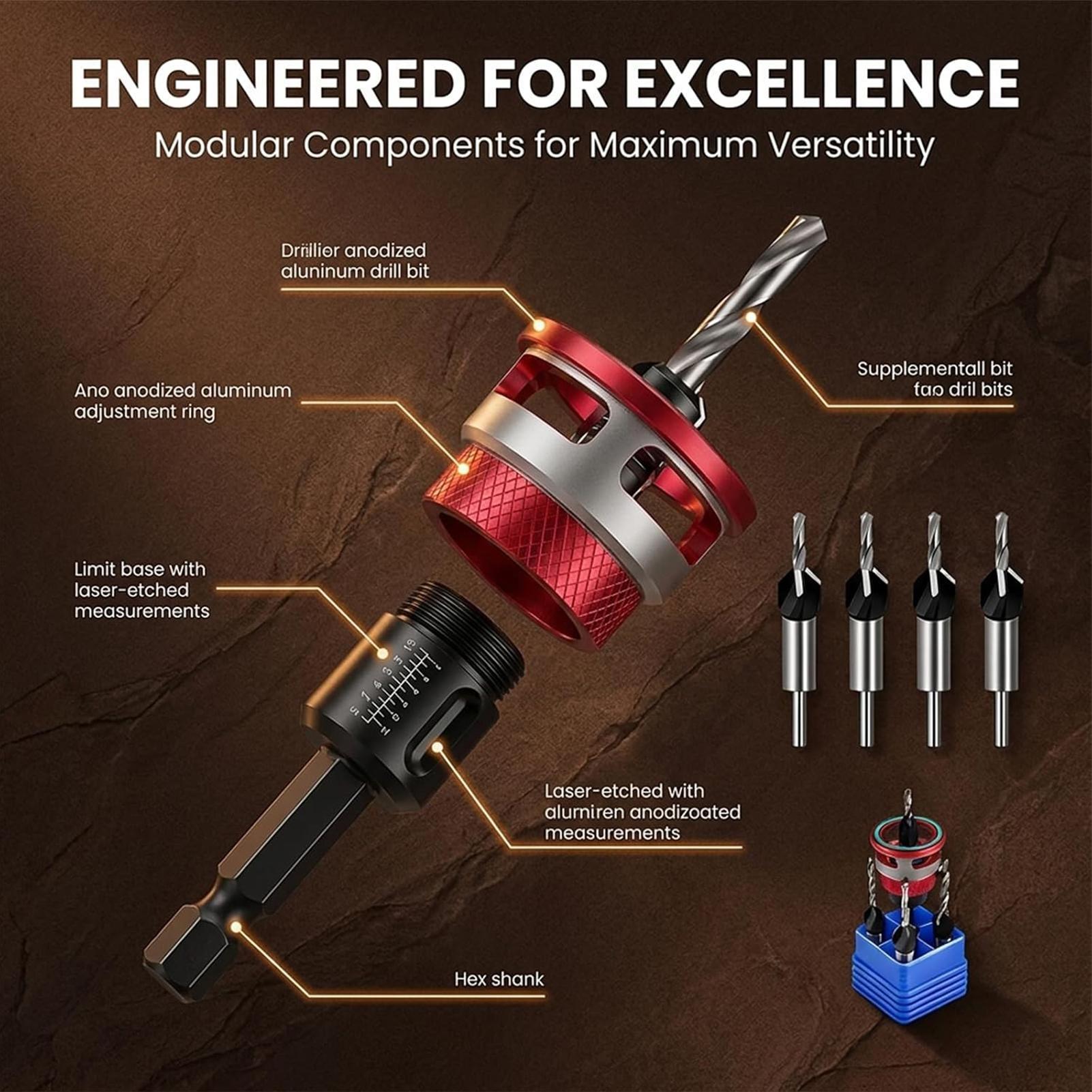 Woodworking Drill Bits - Countersink Drill Bit Set With Adjustable